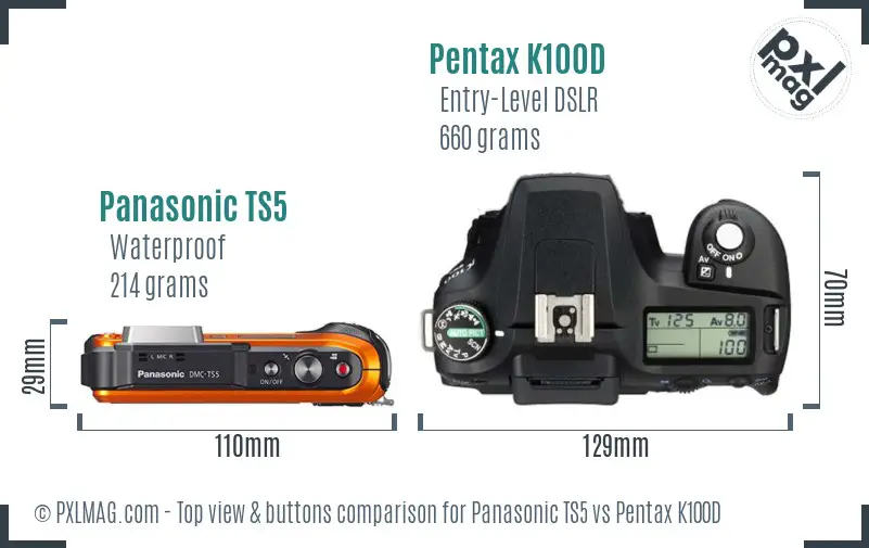 Panasonic TS5 vs Pentax K100D top view buttons comparison