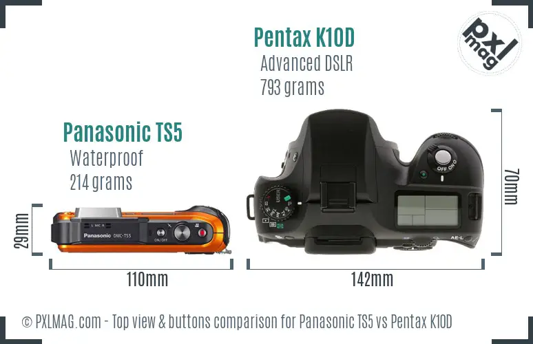 Panasonic TS5 vs Pentax K10D top view buttons comparison
