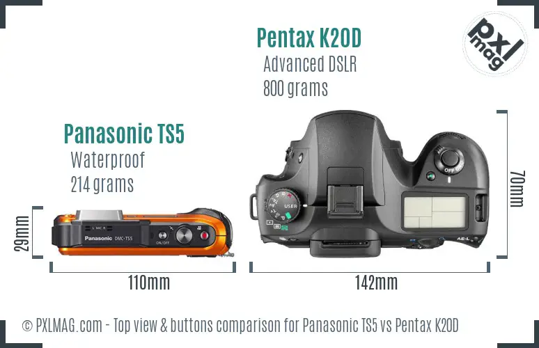 Panasonic TS5 vs Pentax K20D top view buttons comparison