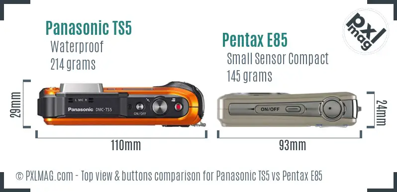 Panasonic TS5 vs Pentax E85 top view buttons comparison