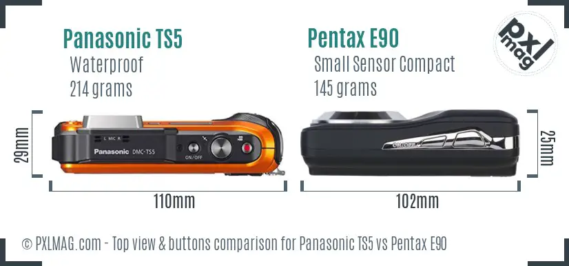 Panasonic TS5 vs Pentax E90 top view buttons comparison