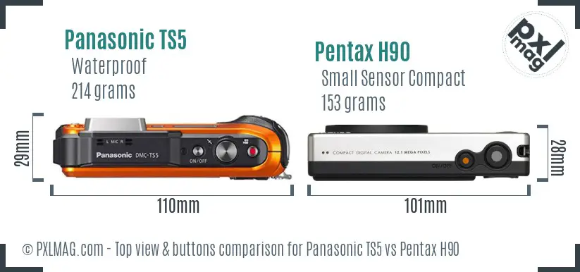 Panasonic TS5 vs Pentax H90 top view buttons comparison
