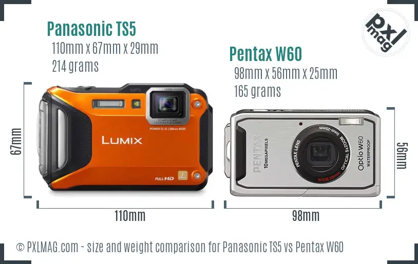 Panasonic TS5 vs Pentax W60 size comparison