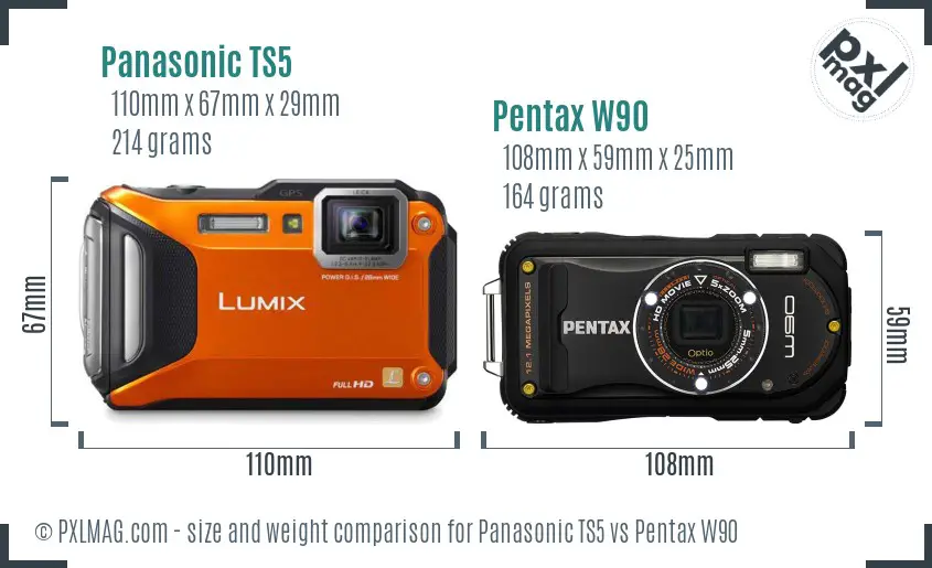 Panasonic TS5 vs Pentax W90 size comparison