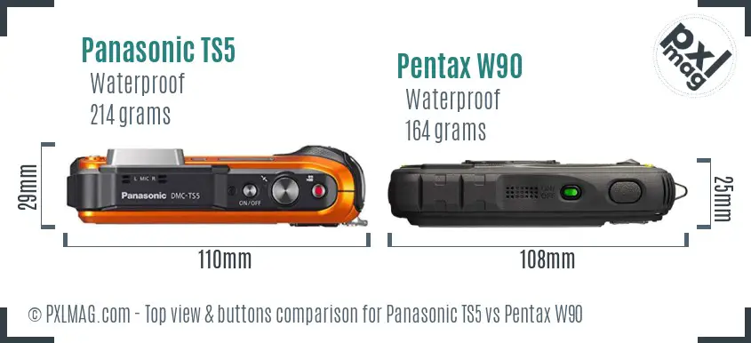 Panasonic TS5 vs Pentax W90 top view buttons comparison
