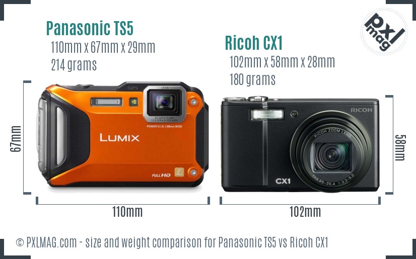 Panasonic TS5 vs Ricoh CX1 size comparison
