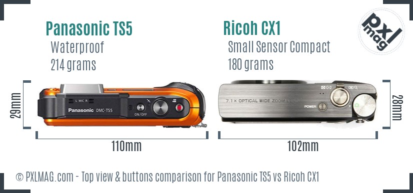 Panasonic TS5 vs Ricoh CX1 top view buttons comparison