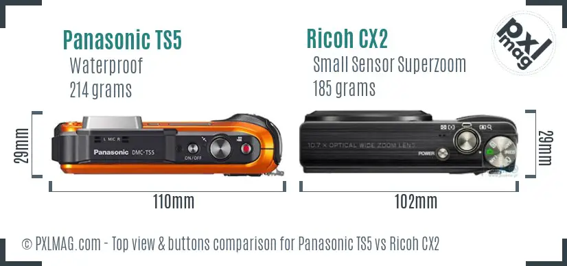 Panasonic TS5 vs Ricoh CX2 top view buttons comparison