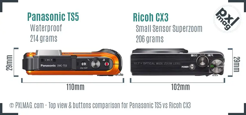 Panasonic TS5 vs Ricoh CX3 top view buttons comparison Panasonic TS5 vs Ricoh CX3 top view buttons comparison