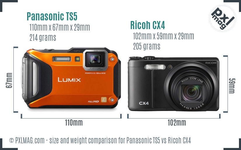 Panasonic TS5 vs Ricoh CX4 size comparison