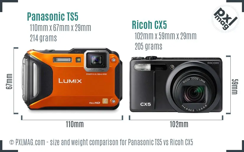 Panasonic TS5 vs Ricoh CX5 size comparison