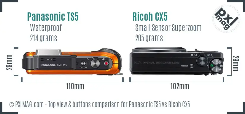Panasonic TS5 vs Ricoh CX5 top view buttons comparison