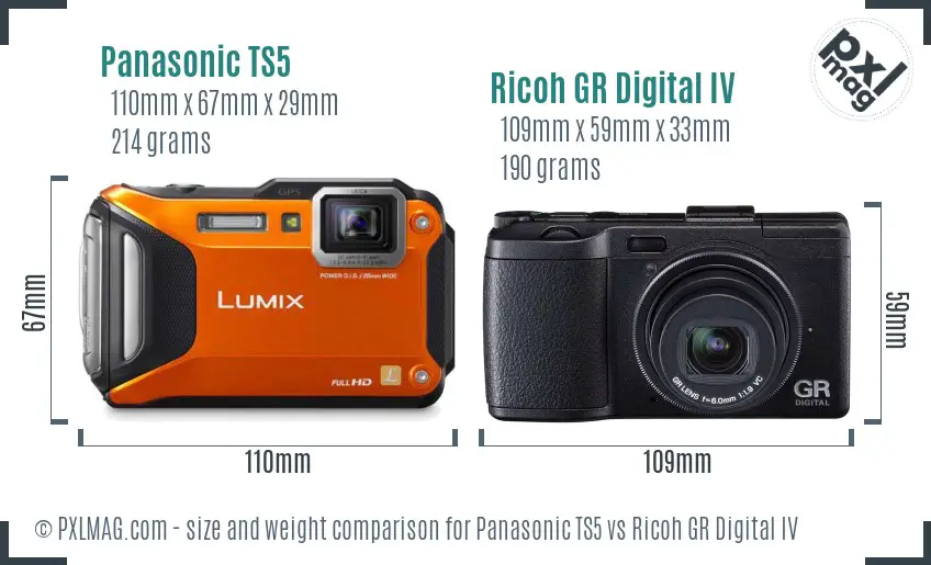 Panasonic TS5 vs Ricoh GR Digital IV size comparison