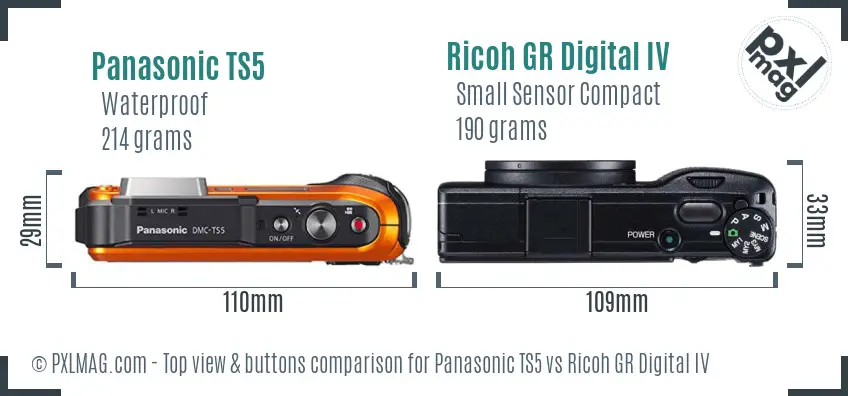 Panasonic TS5 vs Ricoh GR Digital IV top view buttons comparison