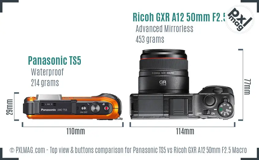 Panasonic TS5 vs Ricoh GXR A12 50mm F2.5 Macro top view buttons comparison Panasonic TS5 vs Ricoh GXR A12 50mm F2.5 Macro top view buttons comparison