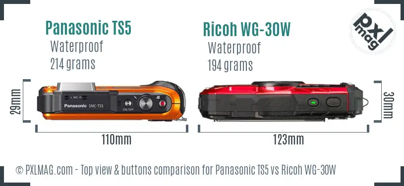 Panasonic TS5 vs Ricoh WG-30W top view buttons comparison