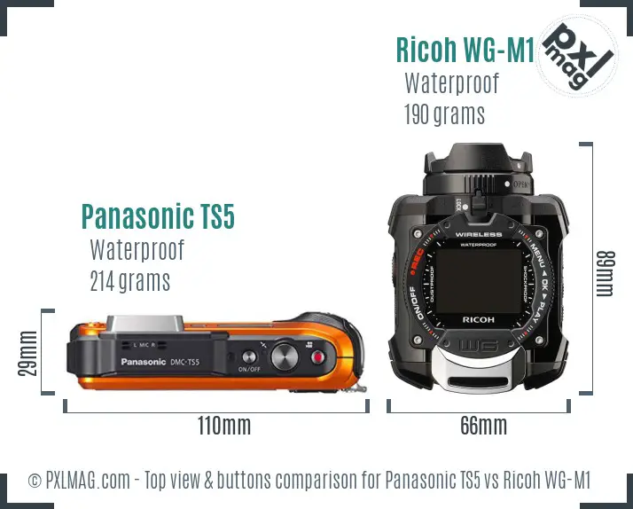 Panasonic TS5 vs Ricoh WG-M1 top view buttons comparison