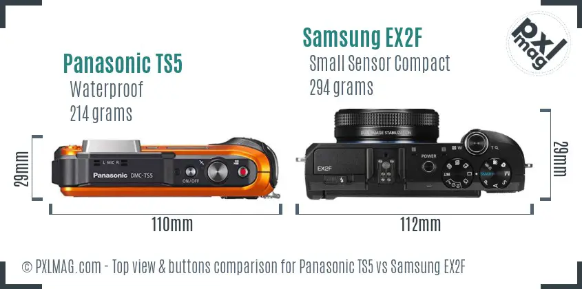 Panasonic TS5 vs Samsung EX2F top view buttons comparison Panasonic TS5 vs Samsung EX2F top view buttons comparison