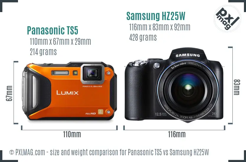 Panasonic TS5 vs Samsung HZ25W size comparison