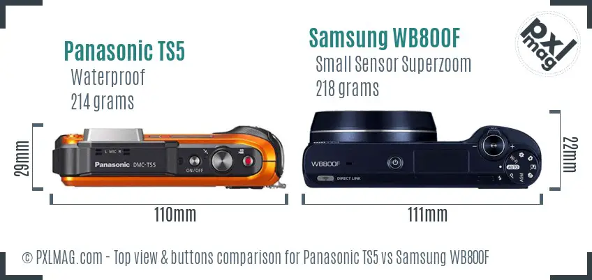 Panasonic TS5 vs Samsung WB800F top view buttons comparison Panasonic TS5 vs Samsung WB800F top view buttons comparison