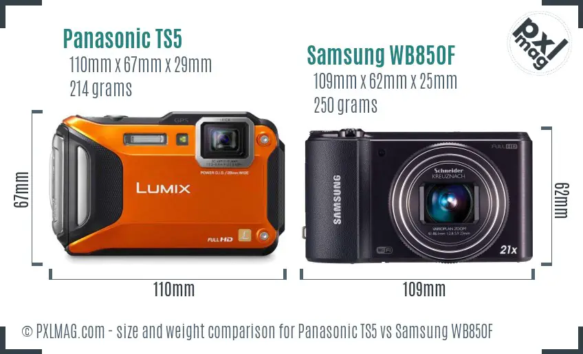 Panasonic TS5 vs Samsung WB850F size comparison