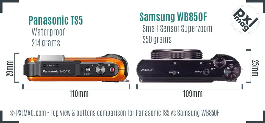 Panasonic TS5 vs Samsung WB850F top view buttons comparison
