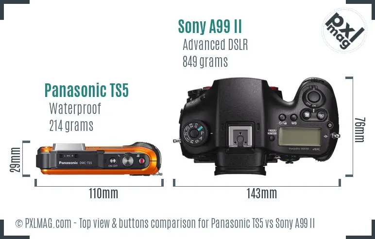 Panasonic TS5 vs Sony A99 II top view buttons comparison Panasonic TS5 vs Sony A99 II top view buttons comparison