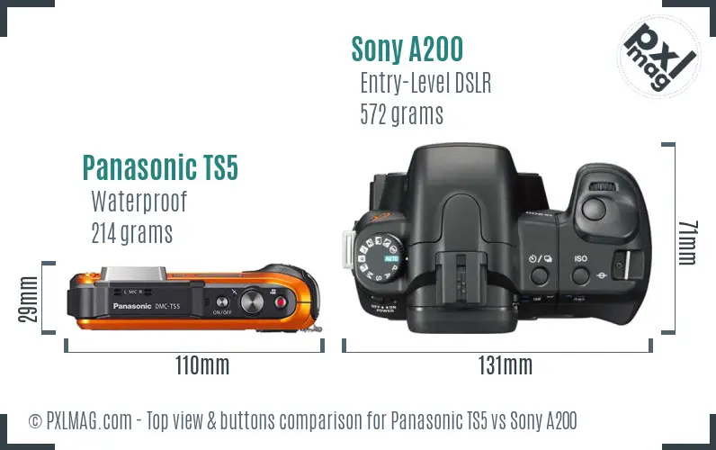 Panasonic TS5 vs Sony A200 top view buttons comparison Panasonic TS5 vs Sony A200 top view buttons comparison