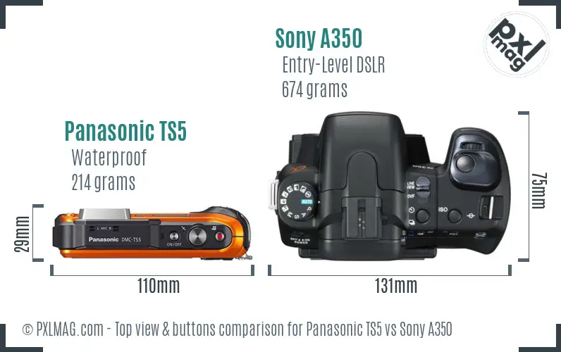 Panasonic TS5 vs Sony A350 top view buttons comparison Panasonic TS5 vs Sony A350 top view buttons comparison