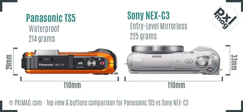 Panasonic TS5 vs Sony NEX-C3 top view buttons comparison Panasonic TS5 vs Sony NEX-C3 top view buttons comparison
