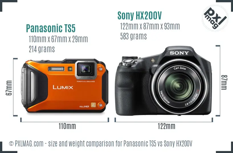 Panasonic TS5 vs Sony HX200V size comparison