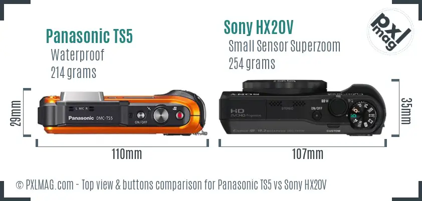 Panasonic TS5 vs Sony HX20V top view buttons comparison