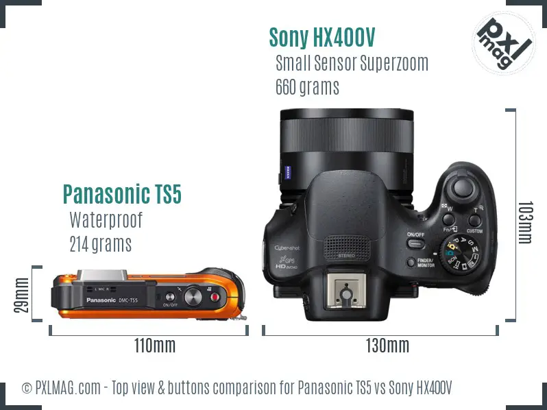 Panasonic TS5 vs Sony HX400V top view buttons comparison Panasonic TS5 vs Sony HX400V top view buttons comparison