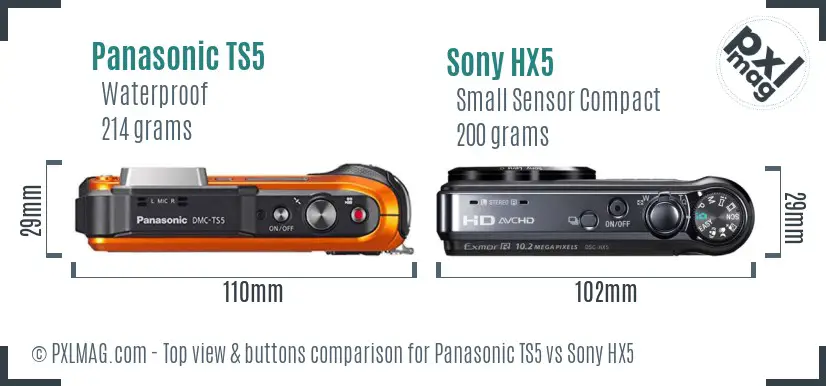Panasonic TS5 vs Sony HX5 top view buttons comparison