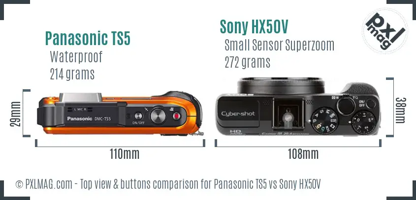 Panasonic TS5 vs Sony HX50V top view buttons comparison