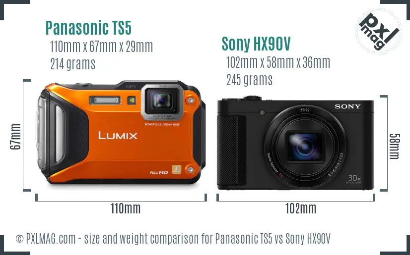 Panasonic TS5 vs Sony HX90V size comparison