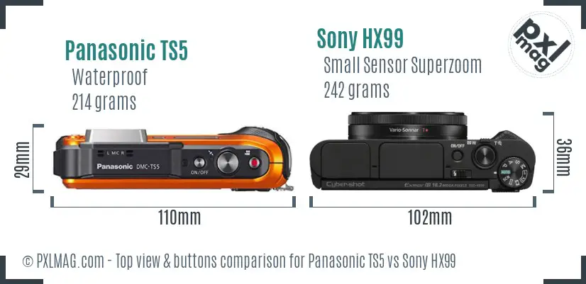 Panasonic TS5 vs Sony HX99 top view buttons comparison