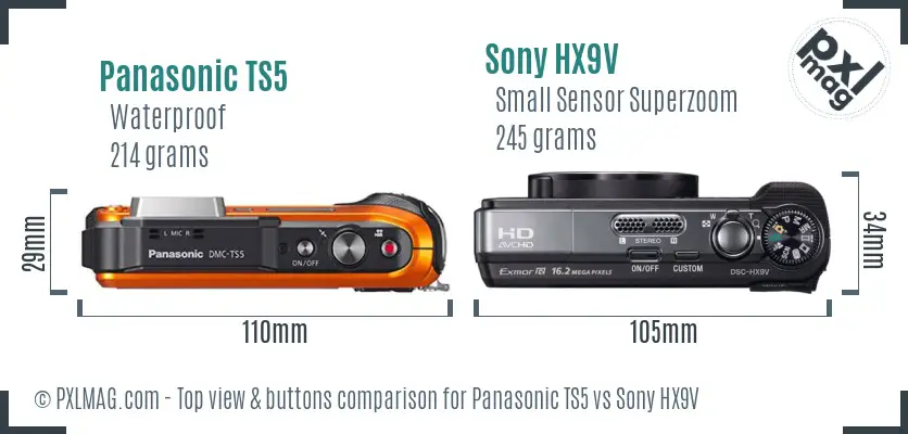 Panasonic TS5 vs Sony HX9V top view buttons comparison Panasonic TS5 vs Sony HX9V top view buttons comparison