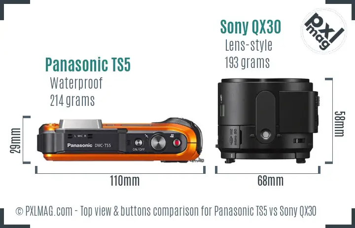 Panasonic TS5 vs Sony QX30 top view buttons comparison Panasonic TS5 vs Sony QX30 top view buttons comparison