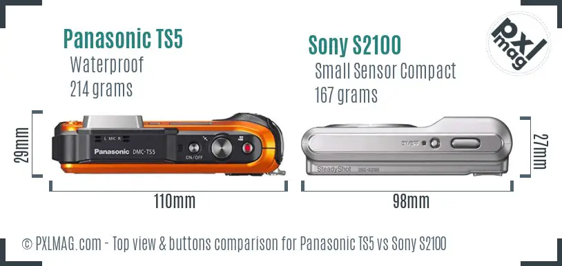 Panasonic TS5 vs Sony S2100 top view buttons comparison Panasonic TS5 vs Sony S2100 top view buttons comparison