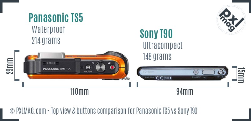 Panasonic TS5 vs Sony T90 top view buttons comparison