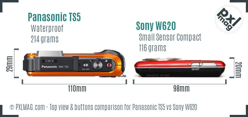 Panasonic TS5 vs Sony W620 top view buttons comparison Panasonic TS5 vs Sony W620 top view buttons comparison