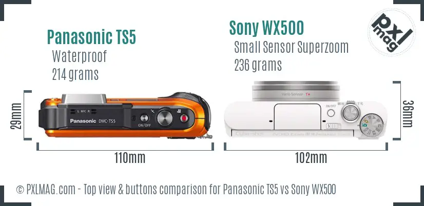 Panasonic TS5 vs Sony WX500 top view buttons comparison Panasonic TS5 vs Sony WX500 top view buttons comparison
