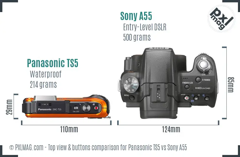 Panasonic TS5 vs Sony A55 top view buttons comparison Panasonic TS5 vs Sony A55 top view buttons comparison