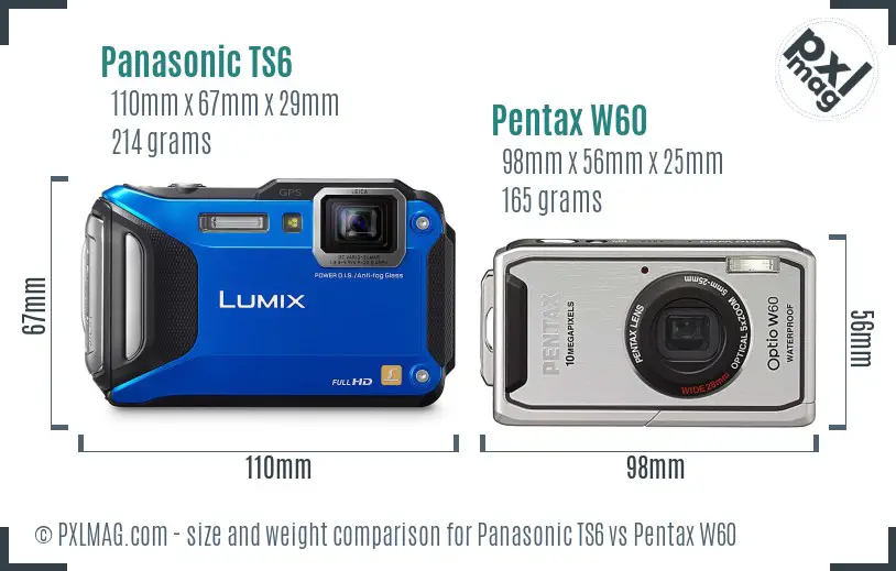 Panasonic TS6 vs Pentax W60 size comparison