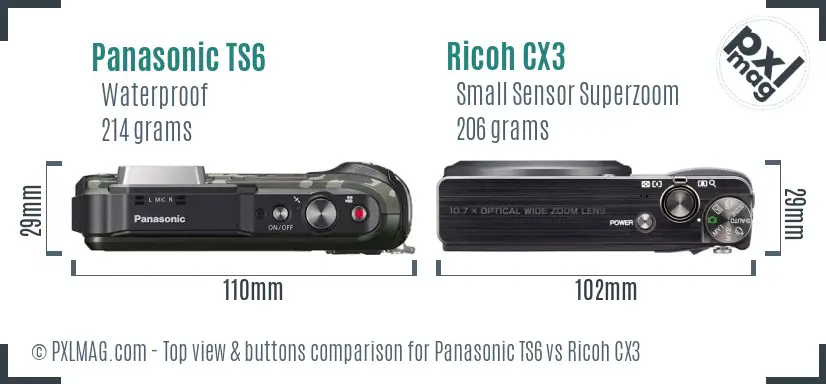 Panasonic TS6 vs Ricoh CX3 top view buttons comparison