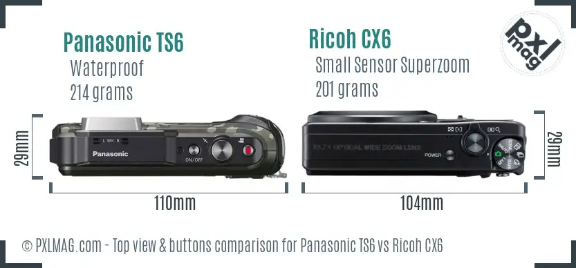 Panasonic TS6 vs Ricoh CX6 top view buttons comparison