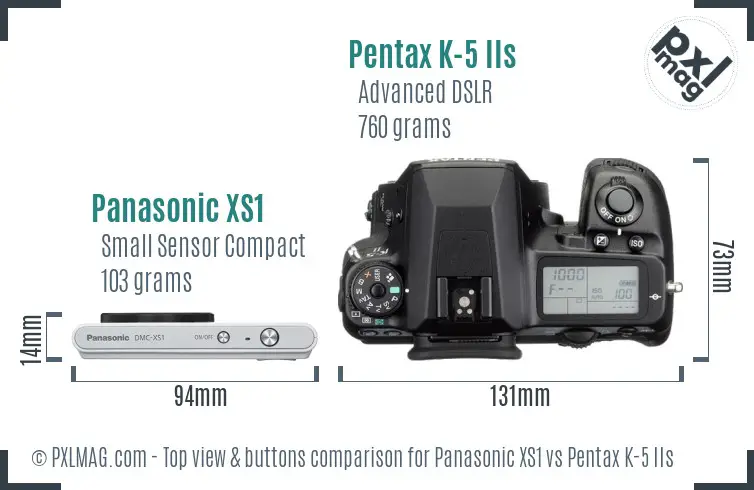Panasonic XS1 vs Pentax K-5 IIs top view buttons comparison