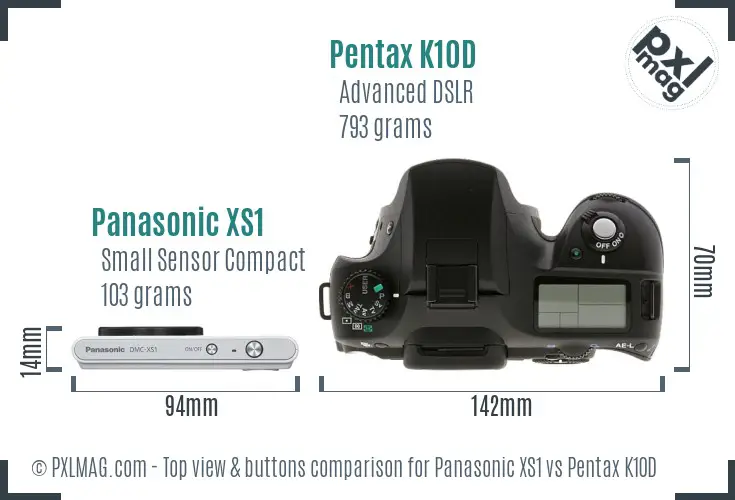 Panasonic XS1 vs Pentax K10D top view buttons comparison