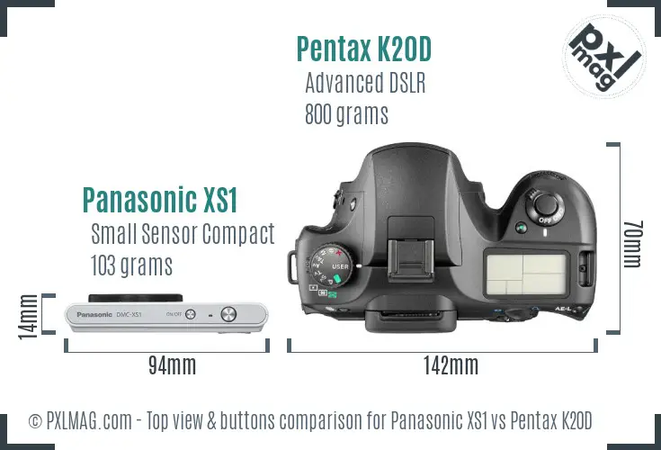 Panasonic XS1 vs Pentax K20D top view buttons comparison